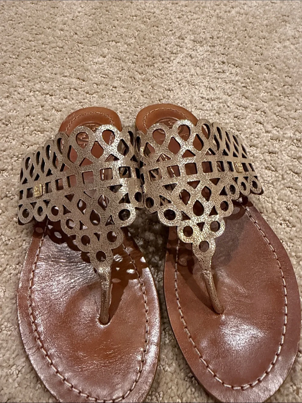 Tory Burch Metallic Bronze Laser-Cut Thong Sandals